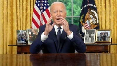 US President Joe Biden delivers a prime-time address to the nation in the Oval Office of the White House in Washington, DC, US, on Sunday, July 14, 2024 (Bloomberg) (Bloomberg) US President Joe Biden delivers a prime-time address to the nation in the Oval Office of the White House in Washington, DC, US, on Sunday, July 14, 2024 (Bloomberg) (Bloomberg)