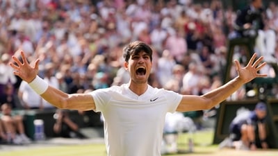 Carlos Alcaraz of Spain celebrates after defeating Novak Djokovic of Serbia in the men's singles final at the Wimbledon. (AP) Carlos Alcaraz of Spain celebrates after defeating Novak Djokovic of Serbia in the men's singles final at the Wimbledon. (AP)