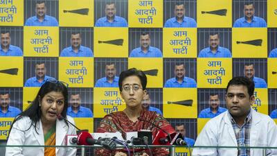 Delhi minister Atishi along with doctors addresses a press conference regarding the health of jailed chief minister Arvind Kejriwal in the city on Sunday. (PTI) Delhi minister Atishi along with doctors addresses a press conference regarding the health of jailed chief minister Arvind Kejriwal in the city on Sunday. (PTI)