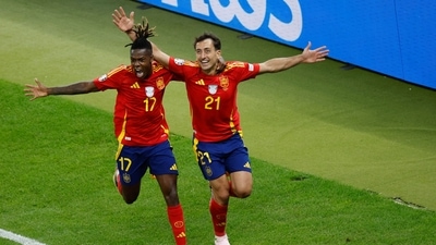 Spain's midfielder Mikel Oyarzabal celebrates with midfielder (17) Nico Williams after scoring his team's second goal during the UEFA Euro 2024 final football match between Spain and England at the Olympiastadion in Berlin on July 14, 2024. (AFP) Spain's midfielder Mikel Oyarzabal celebrates with midfielder (17) Nico Williams after scoring his team's second goal during the UEFA Euro 2024 final football match between Spain and England at the Olympiastadion in Berlin on July 14, 2024. (AFP)