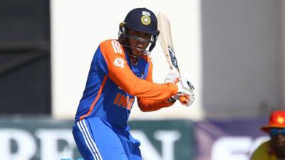 India's Abhishek Sharma plays a shot during the second T20 international cricket match between Zimbabwe and India at Harare Sports Club in Harare on July 7, 2024. (Photo by Jekesai NJIKIZANA / AFP) (AFP)