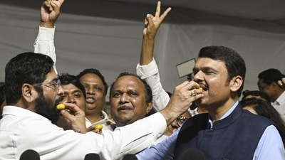 Mumbai, India - July 12, 2024:CM Eknath Shinde and Dy CM Devendra Fadnavis shows victory sign along with winning candidtes of Mahayuti Alliance, after winning the MLC election during monsoon session at Vidhan Bhavan in Mumbai, India, on Friday, July 12, 2024. (Photo by Anshuman Poyrekar/ Hindustan Times) (Hindustan Times) Mumbai, India - July 12, 2024:CM Eknath Shinde and Dy CM Devendra Fadnavis shows victory sign along with winning candidtes of Mahayuti Alliance, after winning the MLC election during monsoon session at Vidhan Bhavan in Mumbai, India, on Friday, July 12, 2024. (Photo by Anshuman Poyrekar/ Hindustan Times) (Hindustan Times)
