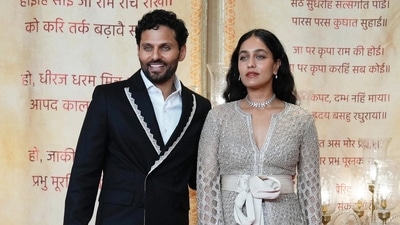 Author and life coach Jay Shetty and wife Radhi Devlukia pose for photos upon their arrival to attend Anant Ambani and Radhika Merchant's wedding reception , Mangal Utsav, in Mumbai, on Sunday. (PTI) Author and life coach Jay Shetty and wife Radhi Devlukia pose for photos upon their arrival to attend Anant Ambani and Radhika Merchant's wedding reception , Mangal Utsav, in Mumbai, on Sunday. (PTI)
