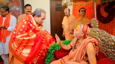 Shiv Sena (UBT) Chief Uddhav Thackeray seeks blessings of Shankaracharya of Jyotirmath, Swami Avimukteshwaranand during a meeting, in Mumbai. (PTI) Shiv Sena (UBT) Chief Uddhav Thackeray seeks blessings of Shankaracharya of Jyotirmath, Swami Avimukteshwaranand during a meeting, in Mumbai. (PTI)