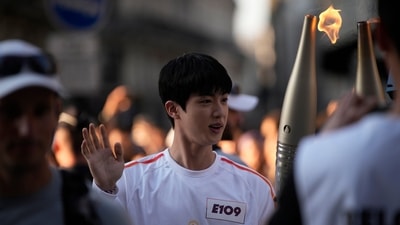 BTS’ Jin at his torchbearer ceremony on Sunday days before the 2024 Paris Olympics. (AP) BTS’ Jin at his torchbearer ceremony on Sunday days before the 2024 Paris Olympics. (AP)
