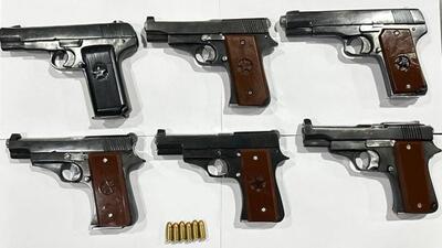 Six sophisticated pistols along with magazines and ammunition recovered from the two gangsters after an inter-state weapon smuggling module was busted by Punjab Police on Monday. (X)