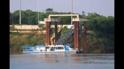 The hydrogen fuel cell vessel anchored at Multimodal port in Jalhupur, Varanasi (Rajesh Kumar/HT)