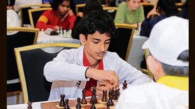 U-12 winner Ayaan Garg of Chandigarh during one of the matches in the 7th Western Asian Youth Chess Championship 2024, held in Sri Lanka. (HT Photo)