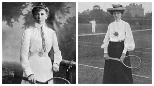 Charlotte Cooper and Dorothea Lambert Chambers in ruffle-sleeved shirts and ankle-length skirts. Charlotte Cooper and Dorothea Lambert Chambers in ruffle-sleeved shirts and ankle-length skirts.