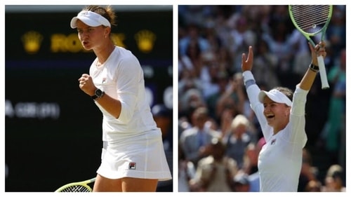 Barbora Krejcikova in a loose full-sleeved shirt with a tennis skirt and a visor, keeping things cool and relaxed. Barbora Krejcikova in a loose full-sleeved shirt with a tennis skirt and a visor, keeping things cool and relaxed.