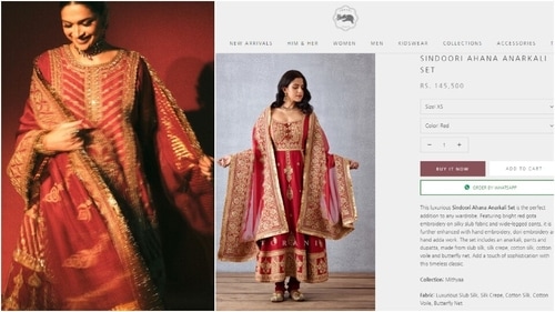 The price of the anarkali suit quite similar to Deepika Padukone's sindoori red anarkali. (torani.in) The price of the anarkali suit quite similar to Deepika Padukone's sindoori red anarkali. (torani.in)