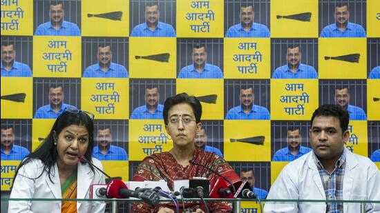 Delhi minister Atishi along with doctors addresses a press conference regarding the health of jailed chief minister Arvind Kejriwal in the city on Sunday. (PTI)