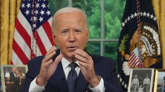 US President Joe Biden addressing the nation from the Oval Office of the White House in Washington, DC. (AFP)