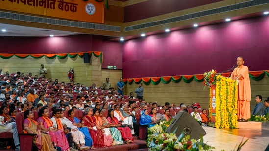 Uttar Pradesh Chief Minister Yogi Adityanath addresses the party’s state working committee meeting, in Lucknow, Sunday, July 14, 2024 (PTI)