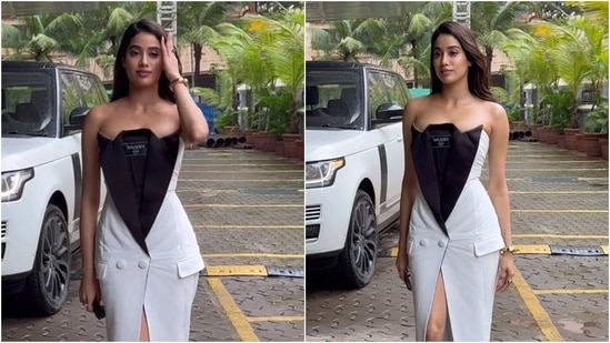 Janhvi Kapoor wears a black and white blazer dress for an event. 