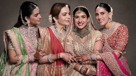 Nita Ambani poses for a pic with Isha Ambani, Shloka Mehta, and Radhika Merchant. (Instagram)