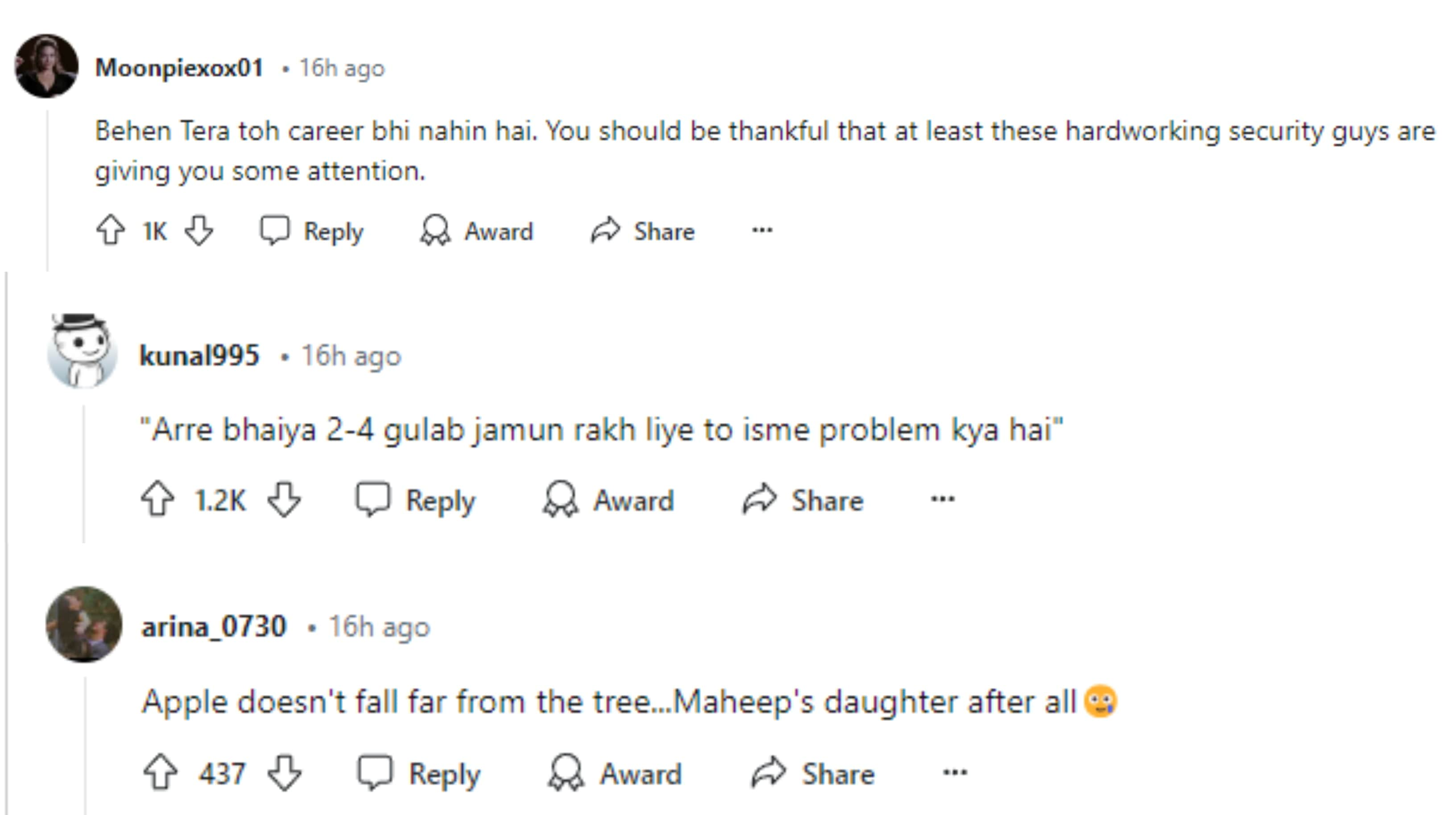 Comments by Reddit users under Shanaya's viral video