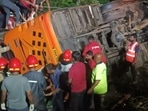 A bus carrying 51 people collided with a tractor and plunged into a ditch shortly after midnight on Tuesday. HT Photo/Bachchan Kumar A bus carrying 51 people collided with a tractor and plunged into a ditch shortly after midnight on Tuesday. HT Photo/Bachchan Kumar