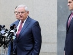Lawyer Adam Fee listens to U.S. Senator Robert Menendez (D-NJ) as he speaks to the media, following his bribery trial in connection with an alleged corrupt relationship with three New Jersey businessmen, in New York City, U.S., July 16, 2024. REUTERS/Brendan McDermid