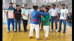 Players in action during the trials at Guru Nanak Stadium in Ludhiana on Tuesday. (HT Photo) Players in action during the trials at Guru Nanak Stadium in Ludhiana on Tuesday. (HT Photo)