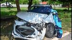 The Swift car, which crashed into the Mahindra SUV that swerved right on the road to avoid a stray cattle early Monday morning in Greater Noida’s Ecotech-3. (Sunil Ghosh/HT Photo)