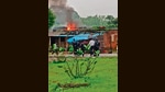 The anti-encroachment drive at Vishalgad Fort turned violent on Sunday as a mob hurled stones at police personnel and damaged properties, leading to the arrest of 21 people. (HT PHOTO) The anti-encroachment drive at Vishalgad Fort turned violent on Sunday as a mob hurled stones at police personnel and damaged properties, leading to the arrest of 21 people. (HT PHOTO)