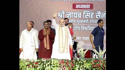 Amit Shah at Mahedragarh in Haryana on Tuesday. (PTI) Amit Shah at Mahedragarh in Haryana on Tuesday. (PTI)