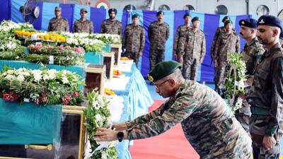 Army officials paying tribute to the personnel killed in the Doda attack at the at the Technical Airport in Jammu. (HT) Army officials paying tribute to the personnel killed in the Doda attack at the at the Technical Airport in Jammu. (HT)