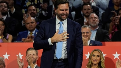 Republican vice presidential candidate JD Vance, R-Ohio, during the Republican National Convention Monday, July 15, 2024, in Milwaukee. (AP Photo/Paul Sancya) (AP) Republican vice presidential candidate JD Vance, R-Ohio, during the Republican National Convention Monday, July 15, 2024, in Milwaukee. (AP Photo/Paul Sancya) (AP)