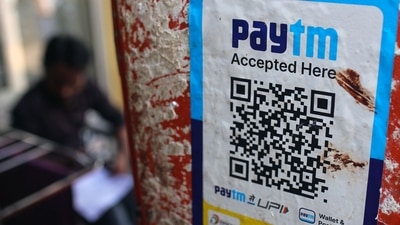 Paytm share price today: A QR code for the Paytm digital payment system at a store in Mumbai. (Bloomberg) Paytm share price today: A QR code for the Paytm digital payment system at a store in Mumbai. (Bloomberg)