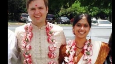 JD Vance, Usha Chilukuri Vance on their wedding day. (X/@anandmahindra) JD Vance, Usha Chilukuri Vance on their wedding day. (X/@anandmahindra)