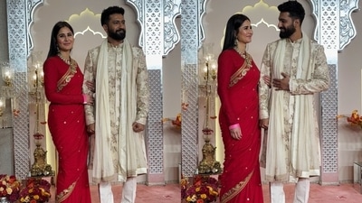 Katrina became the talk of the town when she attended Anant Ambani and Radhika Merchant's wedding with Vicky Kaushal. The actor, who is rumoured to be pregnant with her first child, chose a red Sabyasachi saree for the celebrations. She paired the gold embroidered nine yards with a full-sleeve silk blouse, opulent gold jewellery, striking glam, and loose tresses. (Instagram) Katrina became the talk of the town when she attended Anant Ambani and Radhika Merchant's wedding with Vicky Kaushal. The actor, who is rumoured to be pregnant with her first child, chose a red Sabyasachi saree for the celebrations. She paired the gold embroidered nine yards with a full-sleeve silk blouse, opulent gold jewellery, striking glam, and loose tresses. (Instagram)