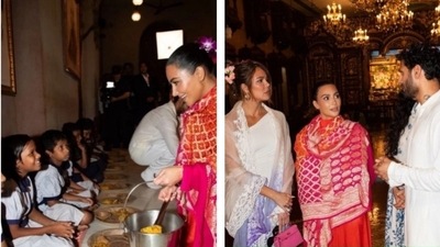 Kim Kardashian and Khloe Kardashian serve food to children at ISKCON temple in Juhu, Mumbai Kim Kardashian and Khloe Kardashian serve food to children at ISKCON temple in Juhu, Mumbai