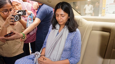 AAP Rajya Sabha MP Swati Maliwal at the Tis Hazari Court after she recorded her statement on the alleged assault by Delhi chief minister Arvind Kejriwal's aide Bibhav Kumar, in New Delhi, (PTI file)