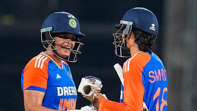 India's Smriti Mandhana with teammate Shafali Verma after winning the 3rd women's T20 cricket match over South Africa (PTI)