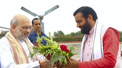 Amit Shah with Haryana chief minister Nayab Saini. (PTI) Amit Shah with Haryana chief minister Nayab Saini. (PTI)