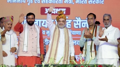 Mahendragarh: BJP leader Amit Shah during the 'Backward Class Samman Sammelan'. (PTI) Mahendragarh: BJP leader Amit Shah during the 'Backward Class Samman Sammelan'. (PTI)