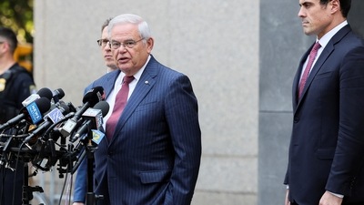 Lawyer Adam Fee listens to U.S. Senator Robert Menendez (D-NJ) as he speaks to the media, following his bribery trial in connection with an alleged corrupt relationship with three New Jersey businessmen, in New York City, U.S., July 16, 2024. REUTERS/Brendan McDermid (REUTERS)