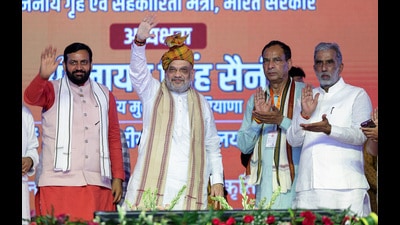Union home minister Amit Shah and chief minister Nayab Singh Saini during an event in Mahendragarh, Haryana, on Tuesday. (Amit Shah-X) Union home minister Amit Shah and chief minister Nayab Singh Saini during an event in Mahendragarh, Haryana, on Tuesday. (Amit Shah-X)