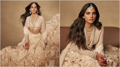 Isha Ambani saves the best for last by wearing a rare Sabyasachi ivory couture lehenga for Anant Ambani's wedding celebrations. (Instagram ) Isha Ambani saves the best for last by wearing a rare Sabyasachi ivory couture lehenga for Anant Ambani's wedding celebrations. (Instagram )