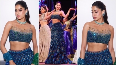 The lehenga is designed by Manish Malhotra. The peacock blue and green sequin embellished blouse features a cropped design, a sheer neckline, and a sleeveless silhouette, while the mermaid-style lehenga is layered with sequinned gold and blue peacock feathers. Lastly, a matching dupatta completed the look. (Instagram) The lehenga is designed by Manish Malhotra. The peacock blue and green sequin embellished blouse features a cropped design, a sheer neckline, and a sleeveless silhouette, while the mermaid-style lehenga is layered with sequinned gold and blue peacock feathers. Lastly, a matching dupatta completed the look. (Instagram)