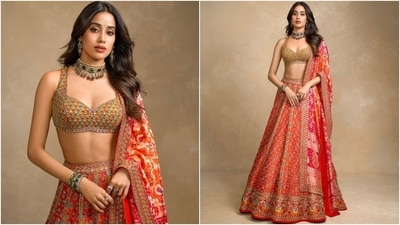 Janhvi accessorised the ensemble with a choker, jhumkis, bracelets, and rings. Meanwhile, centre-parted loose locks, mauve lips, a dainty bindi, mascara-adorned lashes, and feathered brows rounded off the makeup. (Instagram) Janhvi accessorised the ensemble with a choker, jhumkis, bracelets, and rings. Meanwhile, centre-parted loose locks, mauve lips, a dainty bindi, mascara-adorned lashes, and feathered brows rounded off the makeup. (Instagram)
