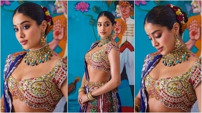 Janhvi accessorised the lehenga with a Polki choker, jhumkis, kadhas, and rings. Meanwhile, for the glam, she chose pink eye shadow, winged eyeliner, kohl-lined eyes, mascara-adorned lashes, feathered brows, mauve lip shade, rouge-tinted cheeks, and a centre-parted bun adorned with a colourful gajra. (Instagram) Janhvi accessorised the lehenga with a Polki choker, jhumkis, kadhas, and rings. Meanwhile, for the glam, she chose pink eye shadow, winged eyeliner, kohl-lined eyes, mascara-adorned lashes, feathered brows, mauve lip shade, rouge-tinted cheeks, and a centre-parted bun adorned with a colourful gajra. (Instagram)