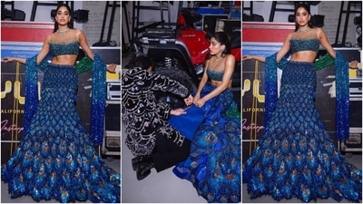 The last look is from Anant and Radhika's sangeet ceremony. Janhvi looked lovely in a sequinned blouse, a peacock feather embellished mermaid lehenga, and a matching dupatta for the occasion. She even performed at the event, for which her boyfriend, Shikhar Pahariya, had to cut the can-can. (Instagram) The last look is from Anant and Radhika's sangeet ceremony. Janhvi looked lovely in a sequinned blouse, a peacock feather embellished mermaid lehenga, and a matching dupatta for the occasion. She even performed at the event, for which her boyfriend, Shikhar Pahariya, had to cut the can-can. (Instagram)