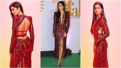Red has always been Katrina's favourite hue, and she served another stunning fashion moment in this hue by wearing a backless bodycon dress for the IIFA awards. The Julien MacDonald ensemble features sequin embellishments and a risqué thigh-high slit. (Instagram) Red has always been Katrina's favourite hue, and she served another stunning fashion moment in this hue by wearing a backless bodycon dress for the IIFA awards. The Julien MacDonald ensemble features sequin embellishments and a risqué thigh-high slit. (Instagram)