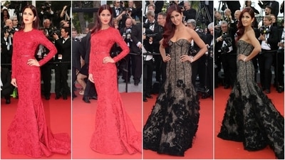 Katrina Kaif debuted at the 2015 Cannes Film Festival in an Oscar De La Renta black off-shoulder gown. She styled the strapless ensemble with her fiery red loose tresses, diamond jewels, and bold eye makeup. For her second appearance, the actor changed into a red lace belted Elie Saab evening gown. She matched her flaming red dress and tresses with a bold red lip. (Instagram) Katrina Kaif debuted at the 2015 Cannes Film Festival in an Oscar De La Renta black off-shoulder gown. She styled the strapless ensemble with her fiery red loose tresses, diamond jewels, and bold eye makeup. For her second appearance, the actor changed into a red lace belted Elie Saab evening gown. She matched her flaming red dress and tresses with a bold red lip. (Instagram)