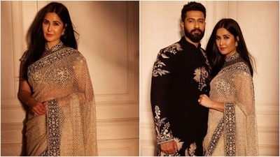 For Anant and Radhika's reception, Katrina wore a sheer embroidered saree decked in black gota patti borders. She wore a high-neck blouse and minimal jewels with the nine yards. (Instagram) For Anant and Radhika's reception, Katrina wore a sheer embroidered saree decked in black gota patti borders. She wore a high-neck blouse and minimal jewels with the nine yards. (Instagram)