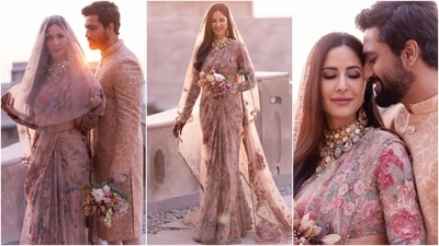 The pale pink vintage Sabyasachi saree is from one of the pre-wedding festivities. The floral tulle drape was handcrafted by 40 artisans over a period of 75 days and paid tribute to her mother's British heritage. She accessorised the ensemble with diamond jewels, simple makeup, and a gorgeous floral veil. (Instagram) The pale pink vintage Sabyasachi saree is from one of the pre-wedding festivities. The floral tulle drape was handcrafted by 40 artisans over a period of 75 days and paid tribute to her mother's British heritage. She accessorised the ensemble with diamond jewels, simple makeup, and a gorgeous floral veil. (Instagram)