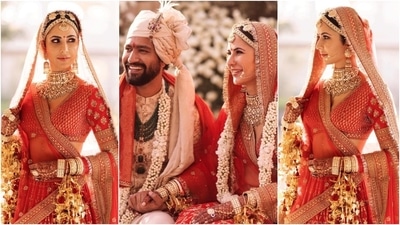 Meanwhile, the veil is custom-trimmed with handmade Kiran and adorned with hand-beaten silver electroplated in gold. She wore it over her head, paying homage to Vicky's Punjabi roots. (Instagram) Meanwhile, the veil is custom-trimmed with handmade Kiran and adorned with hand-beaten silver electroplated in gold. She wore it over her head, paying homage to Vicky's Punjabi roots. (Instagram)
