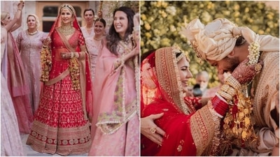 Another one of Katrina's iconic looks has to be her Sabyasachi wedding lehenga. The sindoori red bridal ensemble in handwoven matka silk features fine tilla work and meticulously embroidered revival zardozi borders in velvet. She paired the ensemble with 22-carat gold jewels adorned with uncut diamonds and hand-strung pearls. (Instagram) Another one of Katrina's iconic looks has to be her Sabyasachi wedding lehenga. The sindoori red bridal ensemble in handwoven matka silk features fine tilla work and meticulously embroidered revival zardozi borders in velvet. She paired the ensemble with 22-carat gold jewels adorned with uncut diamonds and hand-strung pearls. (Instagram)
